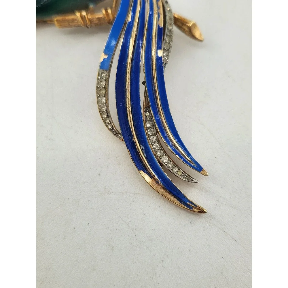 Trifari Birds‎ of Paradise Brooch & Earring Set Blue Green Enamel Rhinestone